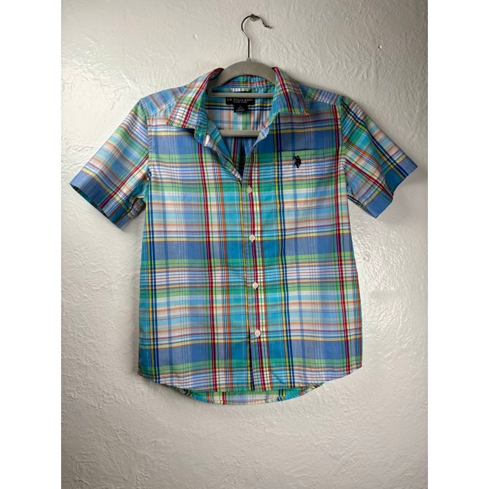 US Polo Boys Large Multi Plaid Short Sleeve Button Down Shirt Preppy Madras